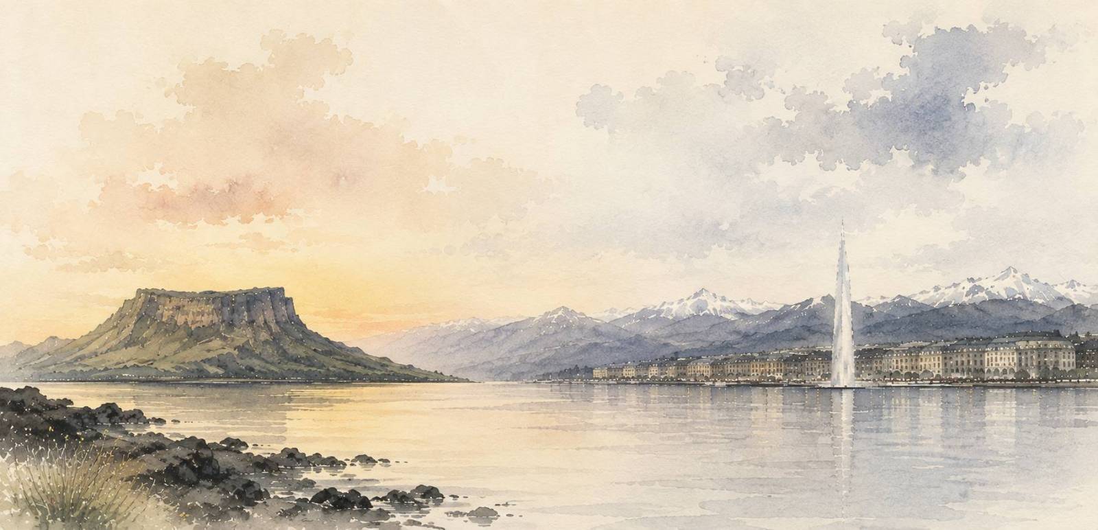 Aquarelle : falaise coréenne face à Genève, son jet d'eau et les Alpes